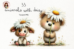Animals with Daisy Watercolor PNG, an Animal Illustration by Nicolle's Colorful Art