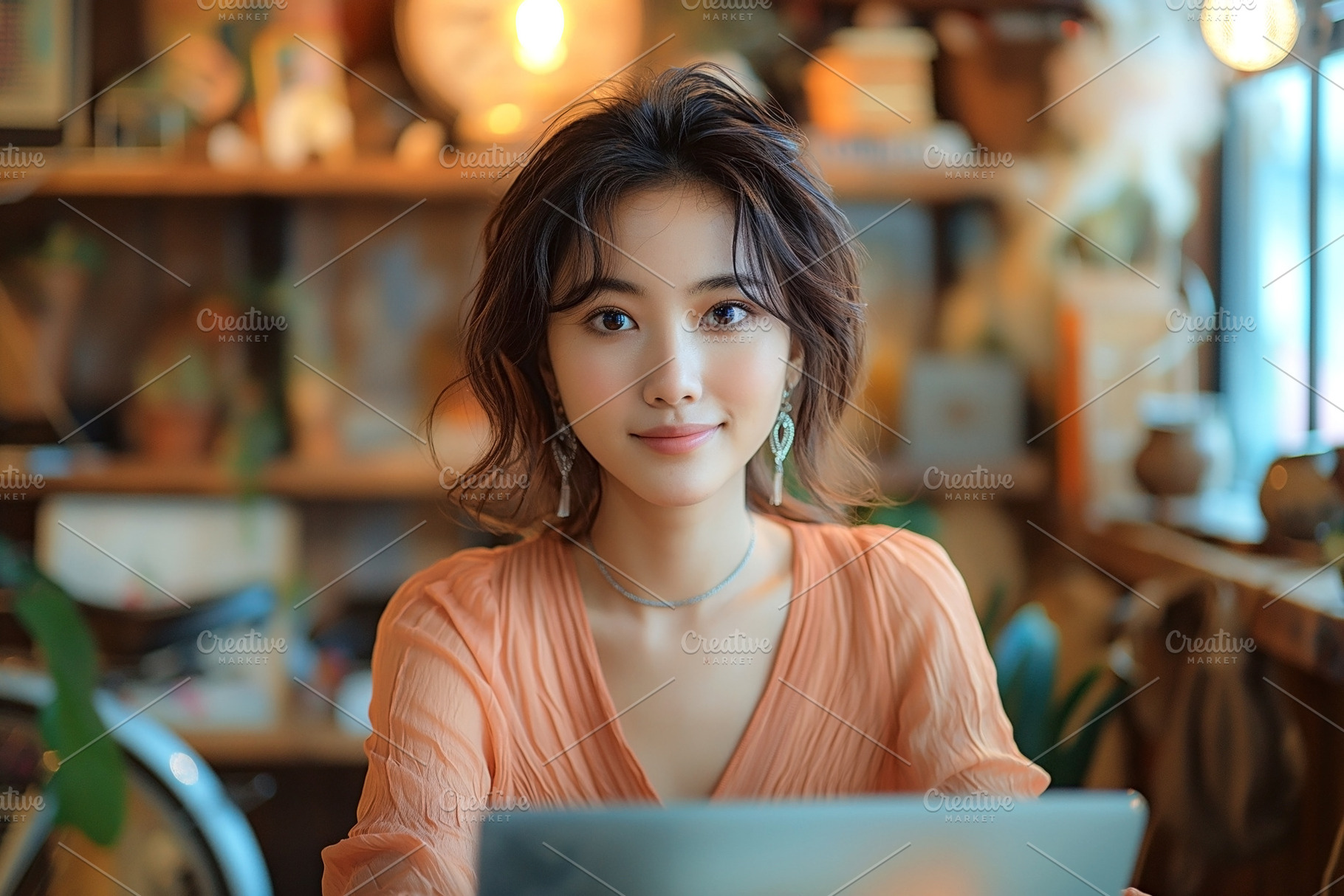 A young Asian woman with wavy hair, smiling warmly in a cozy caf, a Person Photo by ImageMir