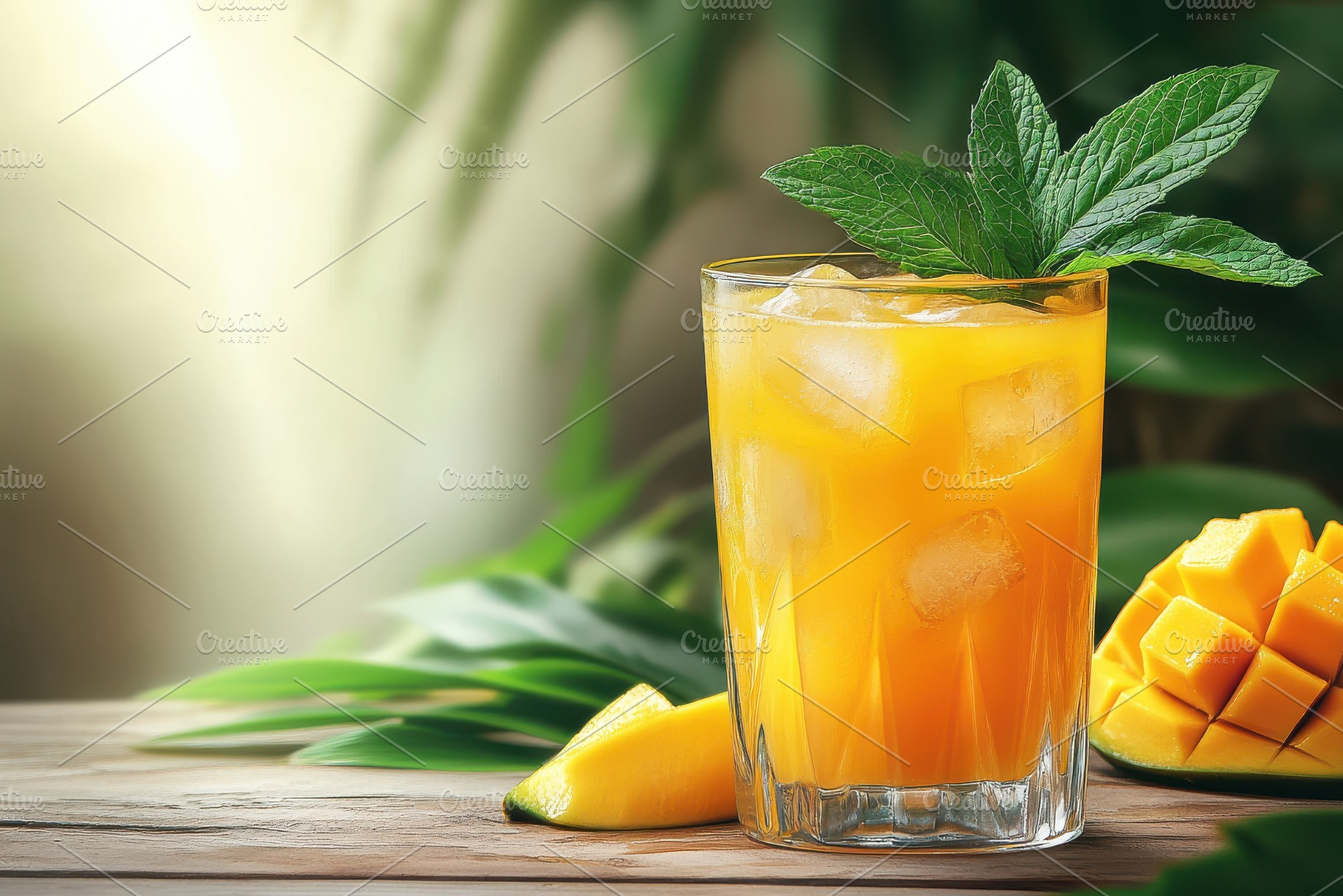 Refreshing mango drink with ice cube, a Food & Drink Photo by Pixeness Studio