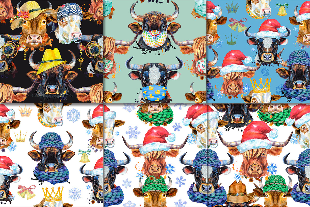 Seamless pattern of watercolor bulls, an Animal Illustration by Watercolor fantasy (Photo 6 of 6)