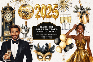 Black & Gold New Years Party Clipart, an Illustration by NadiaTheronArt