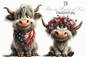 Patriotic Highland Cow Clipart, an Animal Illustration by Designking