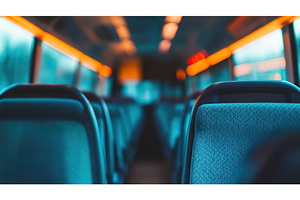 Empty urban bus interior with blue, a Transportation Photo by Lermont51