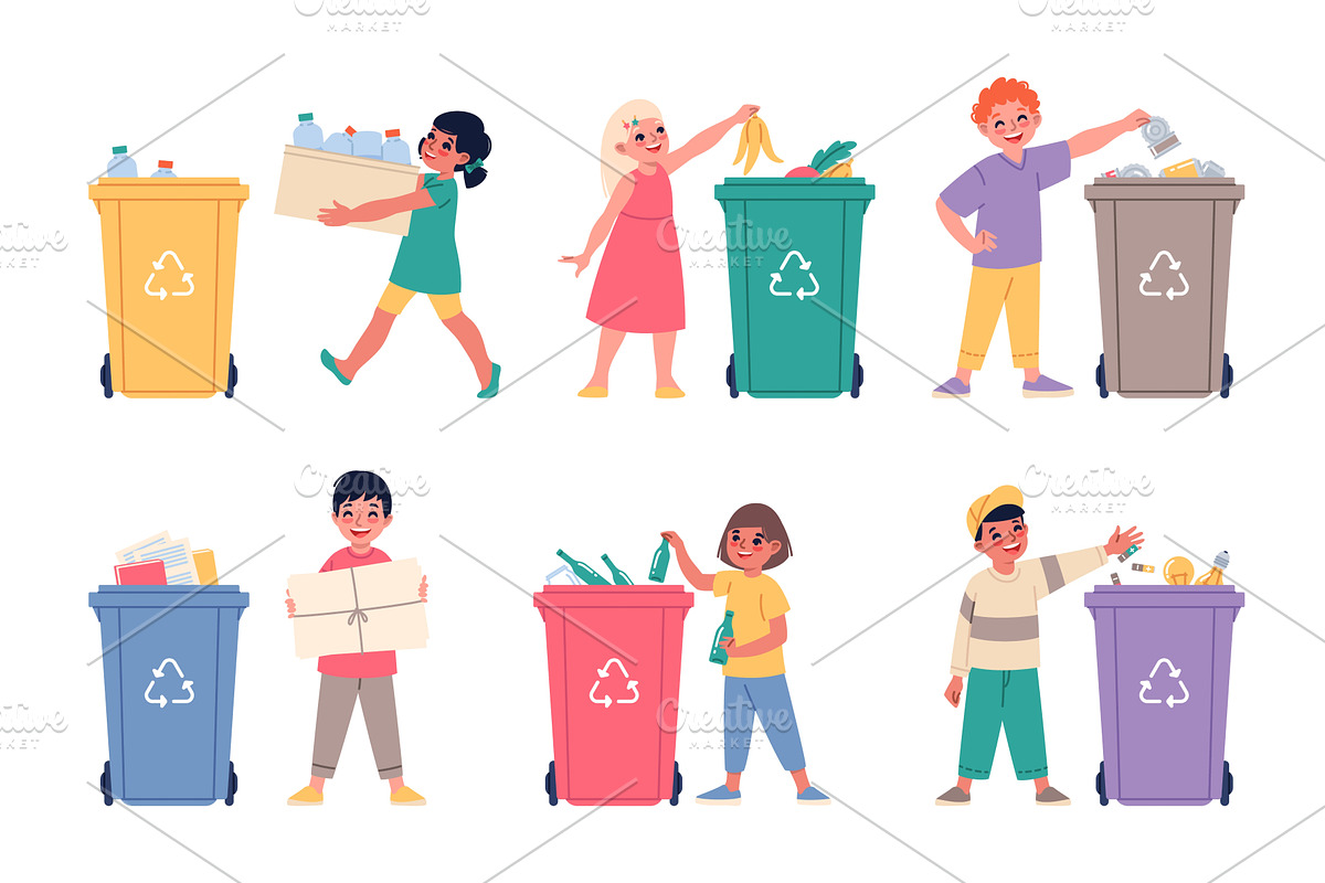 Funny boys and girls sort garbage, an Object Illustration by YummyBuum