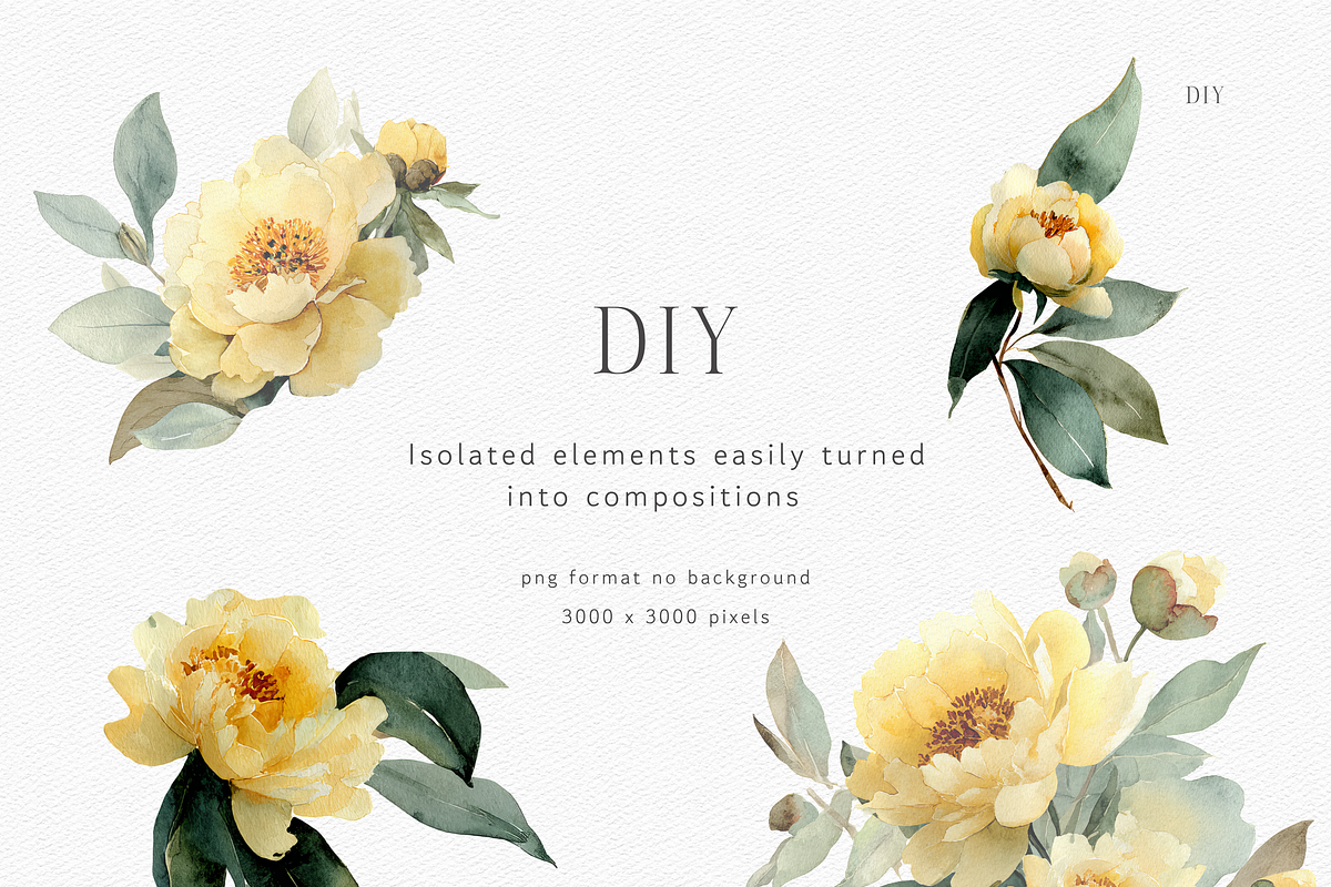 Watercolor Yellow Peony Bouquet, a Decorative Illustration by ThaismotaCreativeCo (Photo 7 of 11)