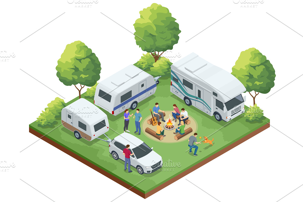 Isometric camping area with multiple, a Transportation Illustration by Golden Sikorka