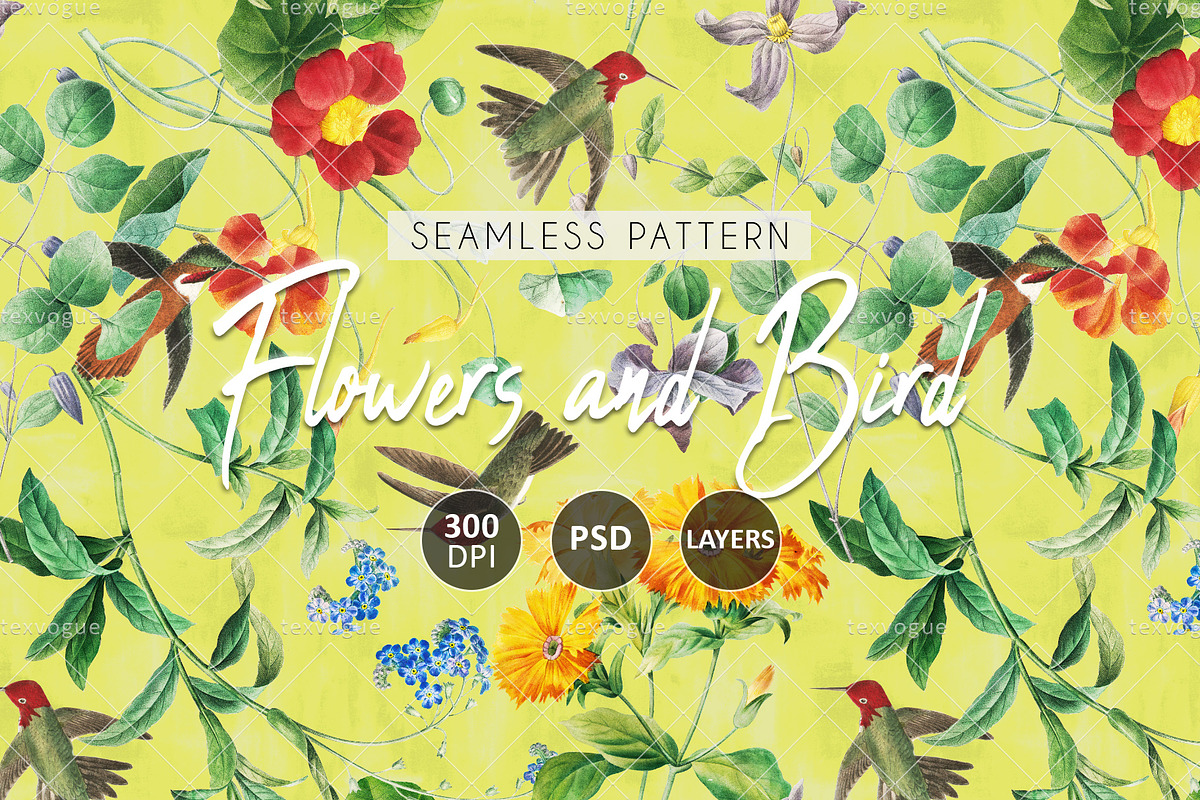 Flowers and Bird - Seamless Patterns, a Pattern Graphic by texvogue (Photo 1 of 10)