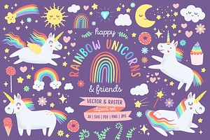Happy Rainbow Unicorns Clipart Pack