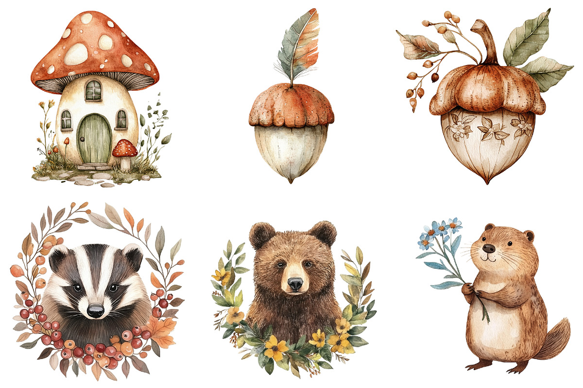 Watercolor Boho Woodland Clipart, a Seasonal Illustration by CitraGraphics (Photo 4 of 6)