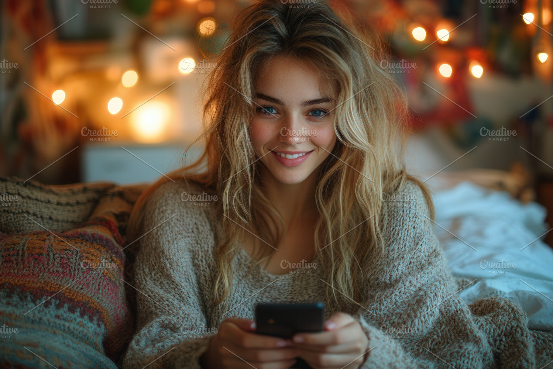Young woman smiling while using smar, a Photo by Tanuart