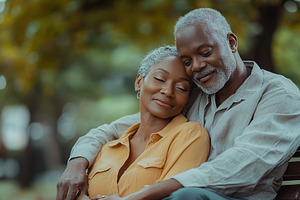 Mature black couple enjoying a peaceful moment together in a serene park settin, a Person Photo by AlyaAnd