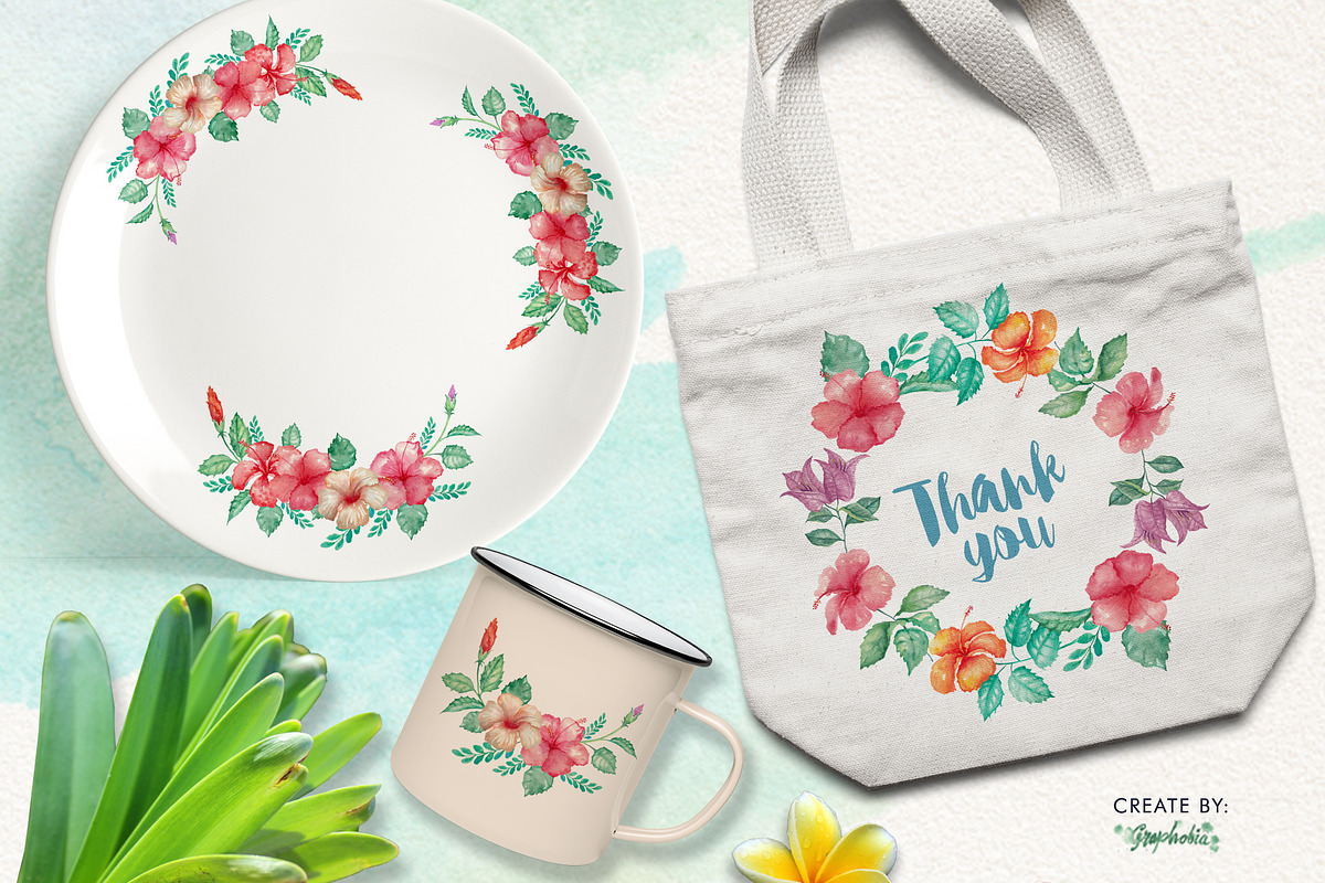 Watercolor Hibiscus Flowers, a Decorative Illustration by Graphobia (Photo 9 of 9)