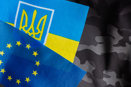 European union and Ukraine two flags together