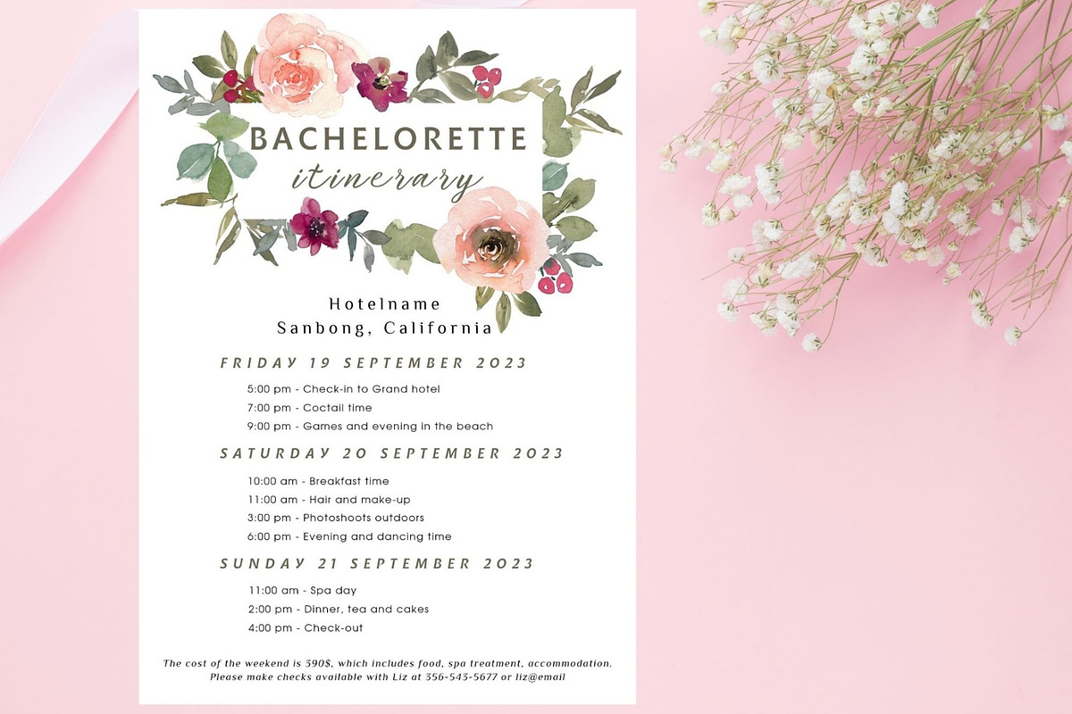 Floral Bachelorette party itinerary, an Invitation Template by EvaTemplates (Photo 8 of 8)