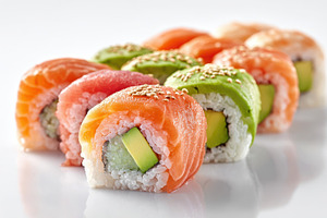 Assorted sushi rolls on white background, a Food & Drink Photo by AlyaAnd