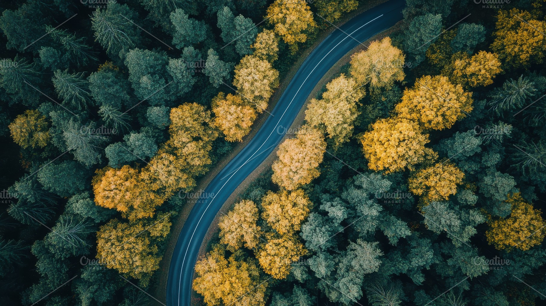 Winding road through autumn forest a, a Photo by Pixeness Studio