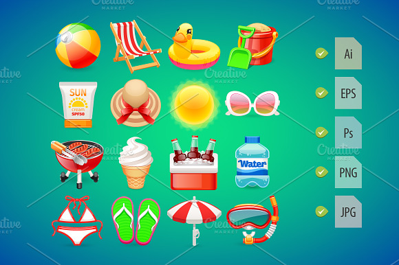 Colorful Summer Icons Set