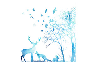 Blue trees with forest animals and, an Illustration by Nenahliadava Design