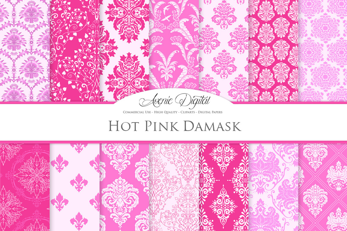 28 Bright Pink Damask Digital Paper, a Pattern Graphic by Avenie Digital