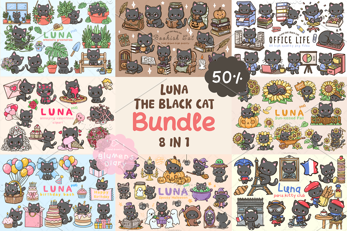 Cute Black Cat Clipart PNG Bundle, an Animal Illustration by Blumensdiary (Photo 1 of 11)