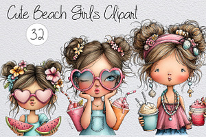Cute Beach Girls Clipart, a Seasonal Illustration by Design Market