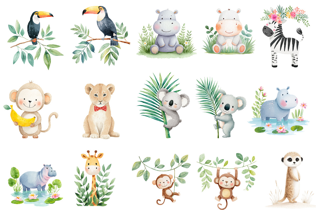 Watercolor Cute Safari animals clipa, an Illustration by Designworld (Photo 2 of 4)
