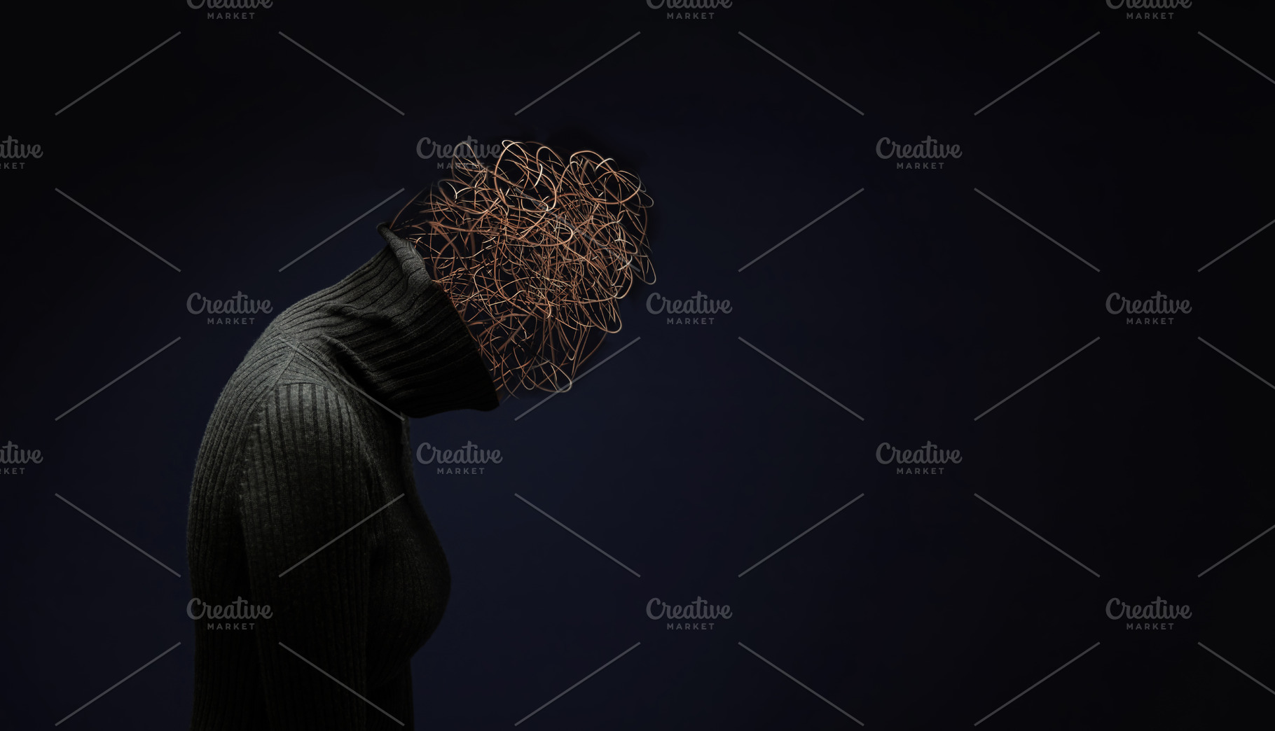 Silhouetted woman bows her head with tangled wire, mental stress, a Photo by salmon.black
