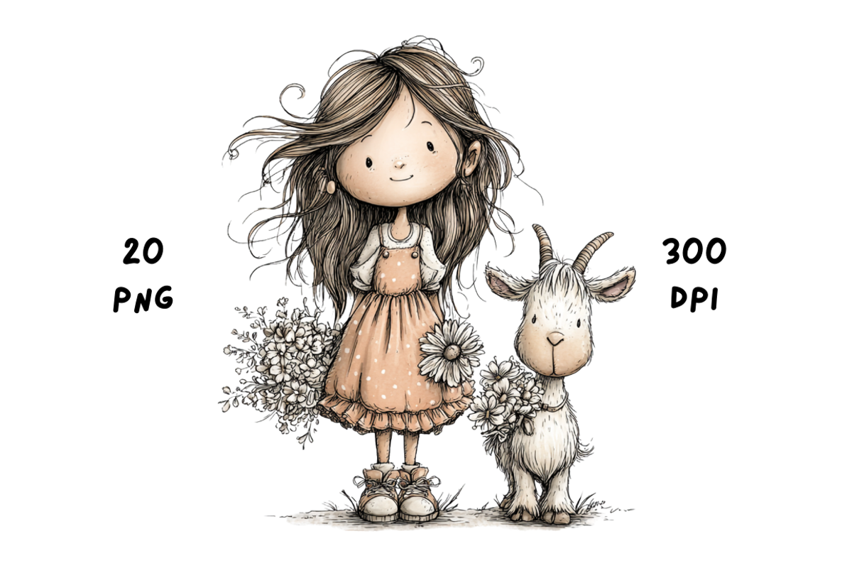 Whimsical Floral Girl and Baby Goat, an Animal Illustration by GiraffeCreative (Photo 7 of 20)