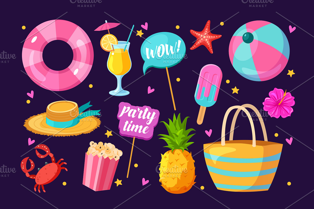 Summer icons set, a Seasonal Illustration by Elen_Art