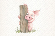 Funny Pig on Fence Clipart, an Illustration by Watercolor design (Thumbnail 8 of 12)