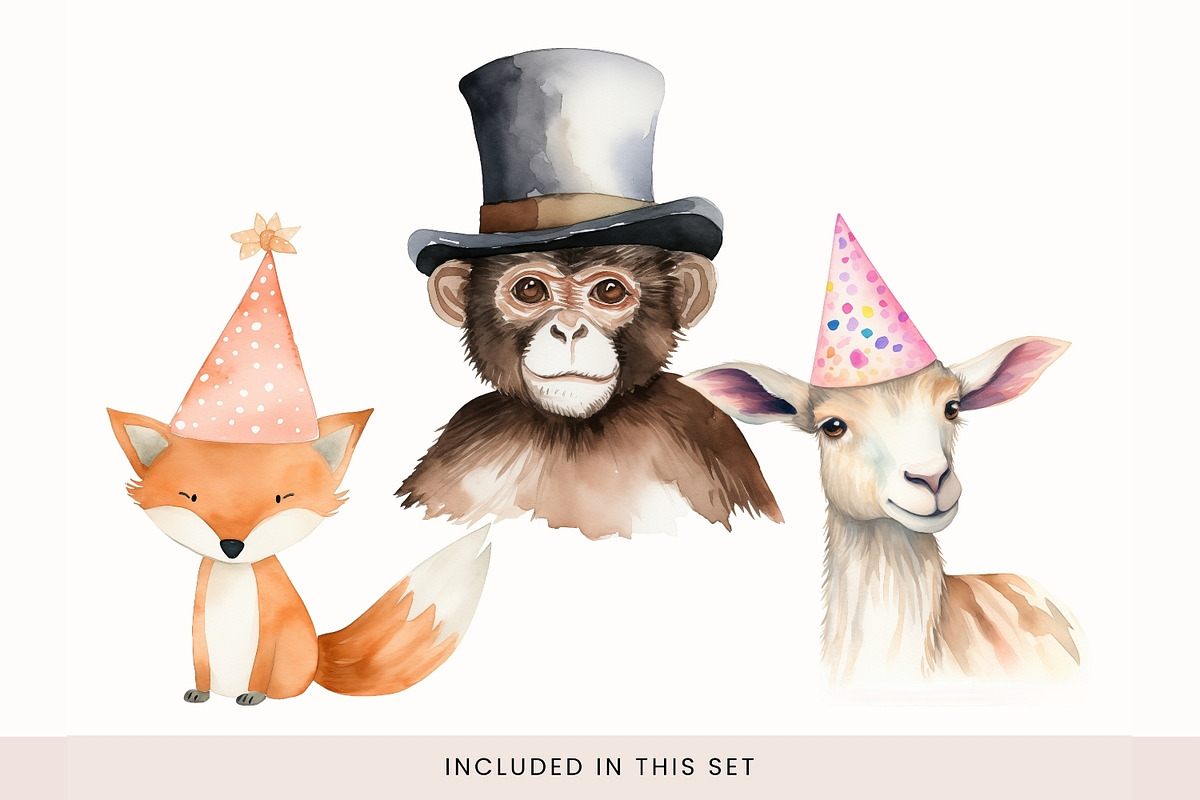 Animals in Party Hats Clipart, Cute, a Decorative Illustration by illuztrate (Photo 7 of 8)