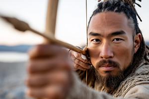 Focused warrior aiming a bow, a Person Photo by MistyDay