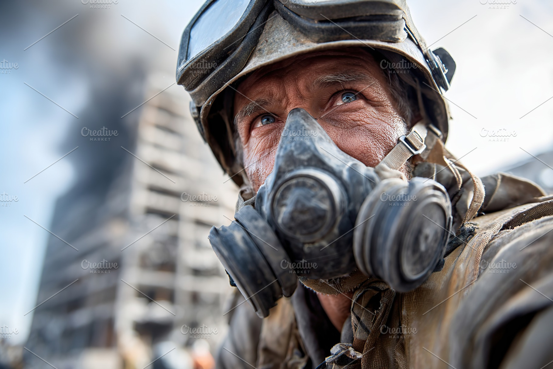 Soldier in protective gear during urban conflict with smoke rising in backgroun, a Photo by AlyaAnd