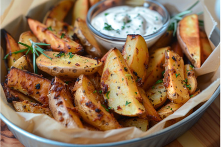 Rustic herb seasoned potato wedges, a Food & Drink Photo by Ylivdesign