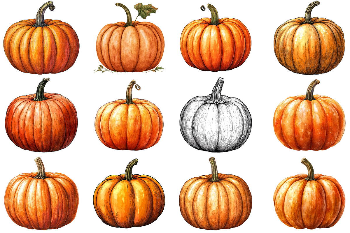 Watercolor Autumn Pumpkin Clipart, an Illustration by SinaCreation (Photo 3 of 5)