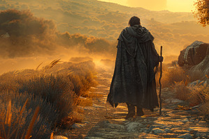 Wanderer walking a glowing forest path at sunrise with mystical, a Photo by José Manuel Gelpi