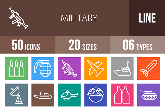 50 Military Line Multicolor Icons preview 4
