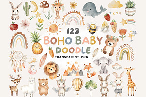 Boho Baby watercolor Clipart PNG, an Animal Illustration by Coral Beauty