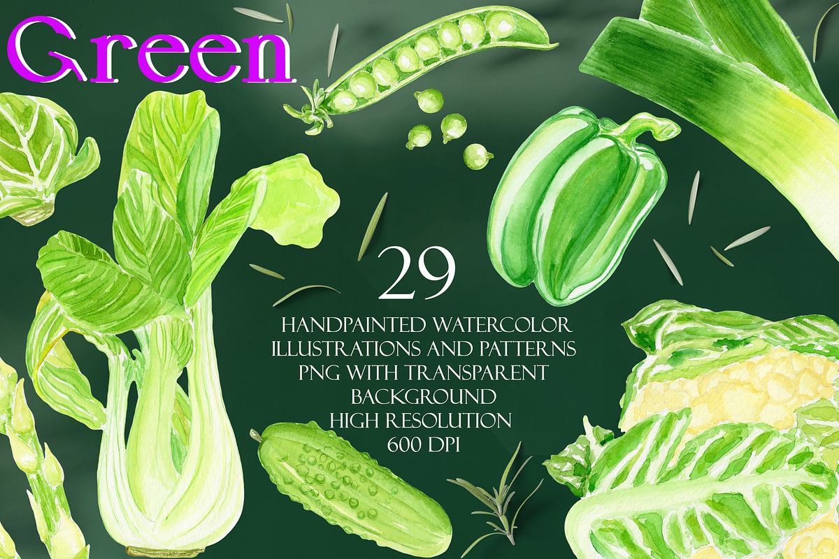 Green Watercolor Vegetables Set, a Food Illustration by Olexandra Mur (Photo 1 of 9)