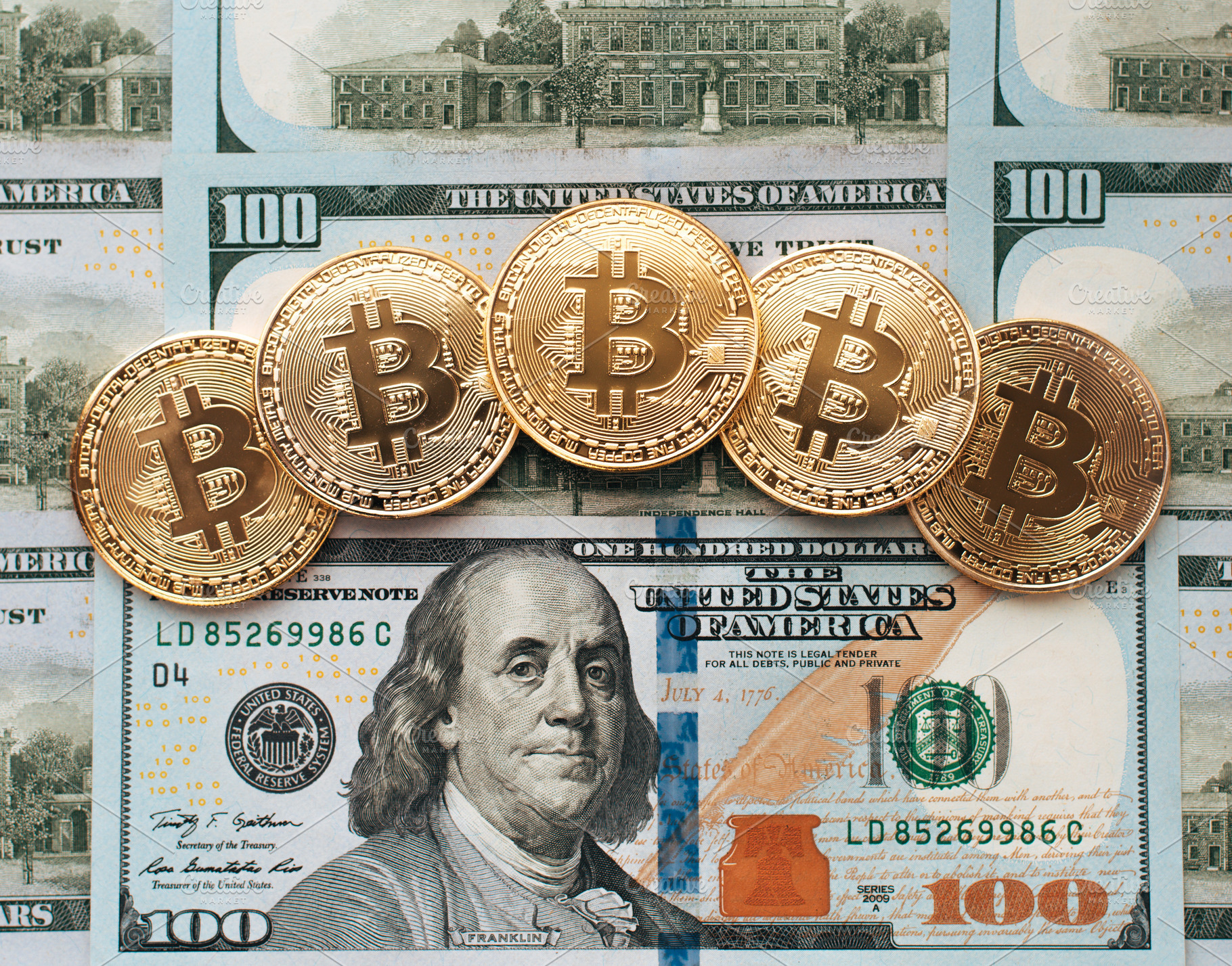 Coins bitcoin there are money on table a note of 100 dollars the banknotes, a Business Photo by byswat