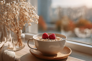 Oatmeal breakfast with raspberries b, a Photo by Pixeness Studio