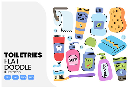 Toiletries Flat Doodle Illustration