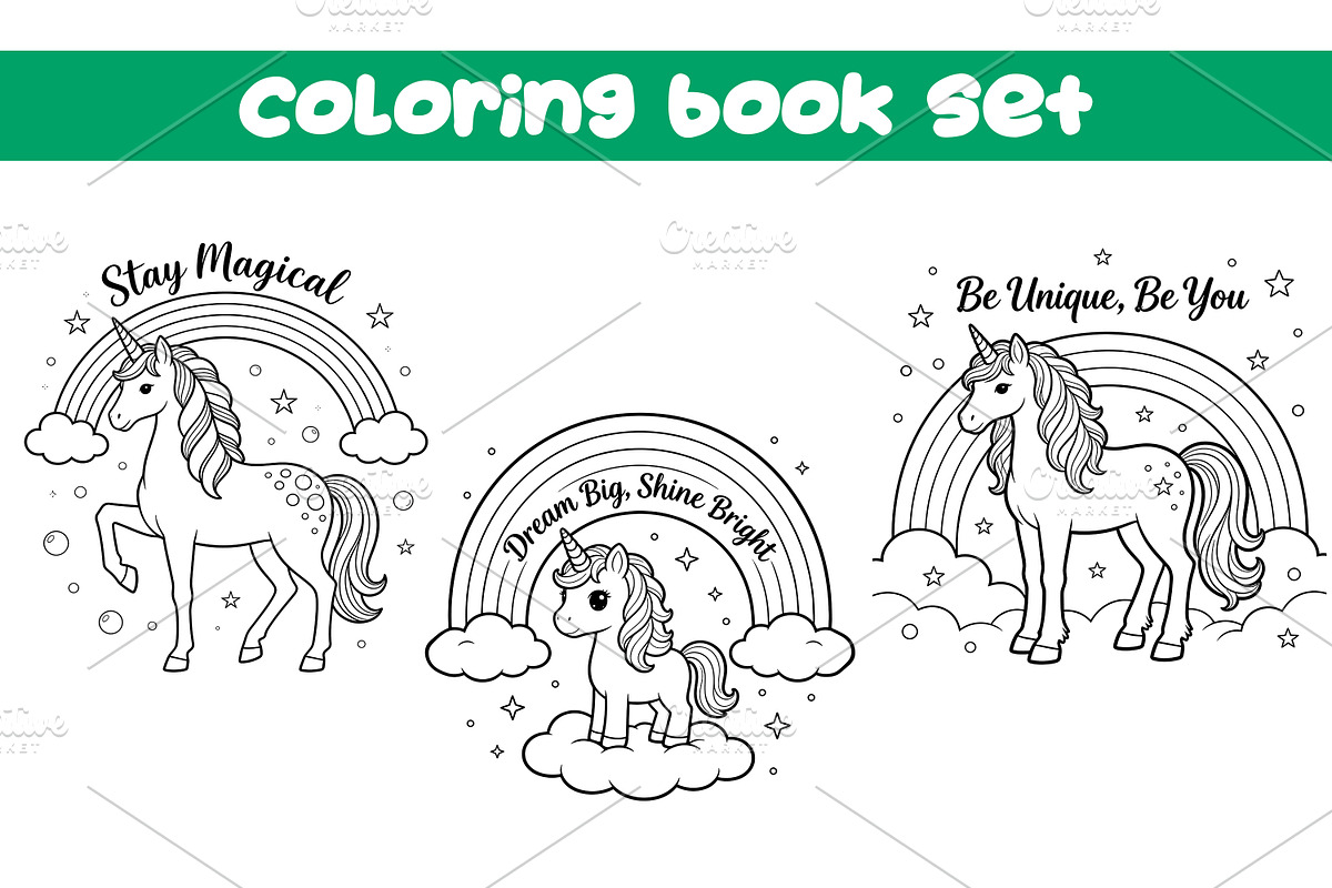 Unicorn Rainbow Coloring Book Set, an Animal Illustration by dx_vect (Photo 1 of 4)