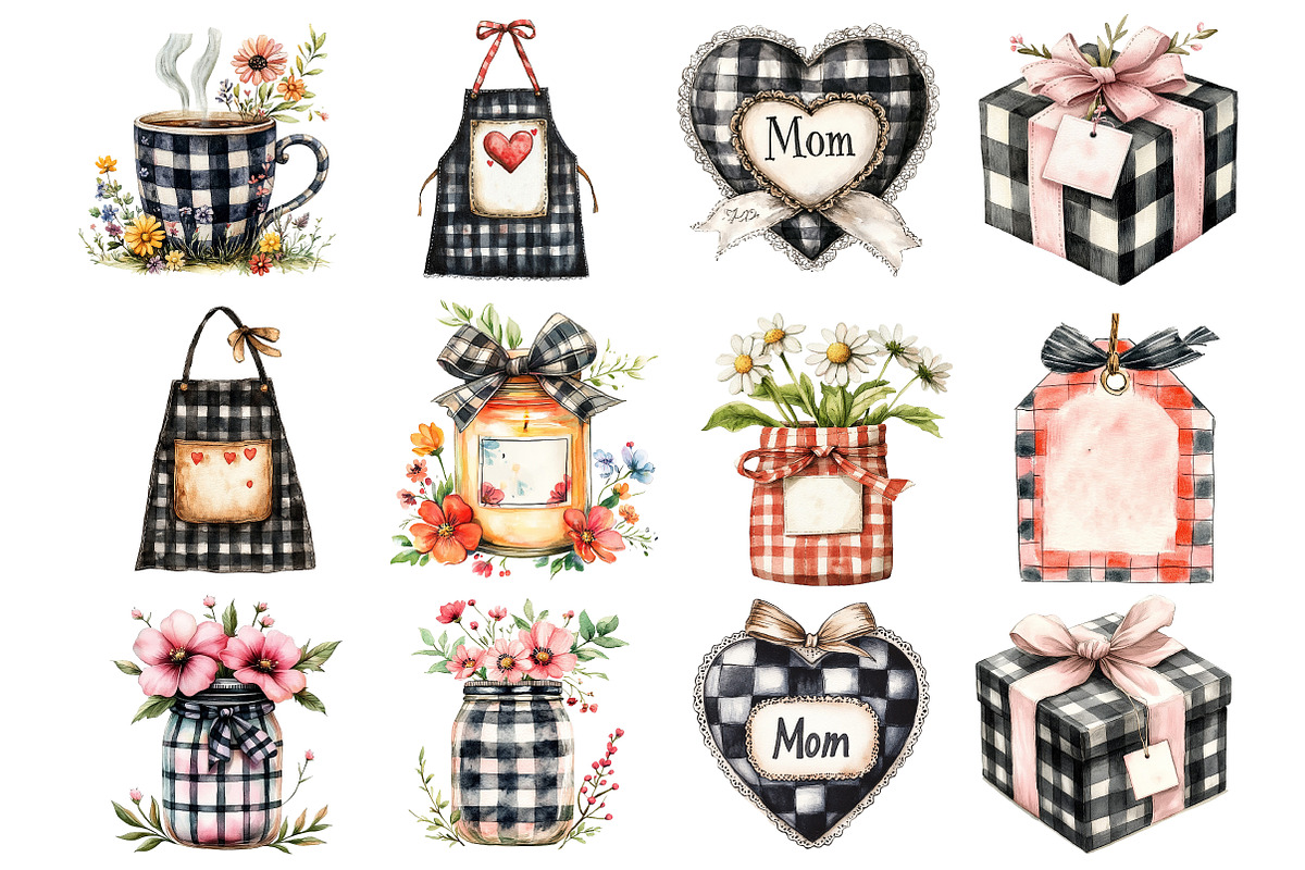 Black Gingham Mother's Day Clipart, an Illustration by Watercolor design (Photo 4 of 5)