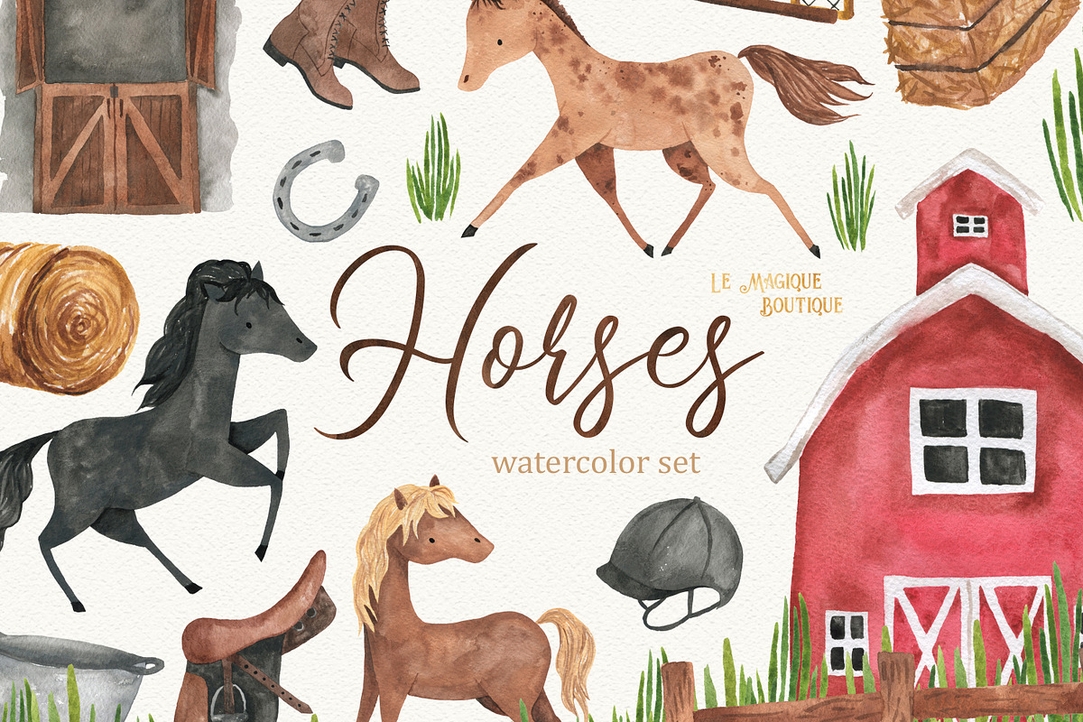 Horses Watercolor Clipart Set, an Animal Illustration by LeMagiqueBoutique (Photo 1 of 4)