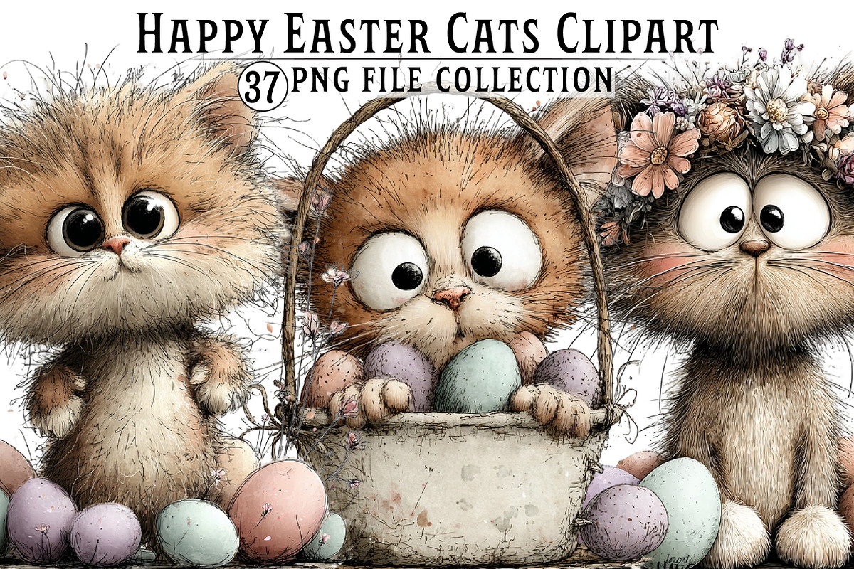 Whimsical Easter Cats Clipart, an Illustration by Dream Creation (Photo 1 of 7)