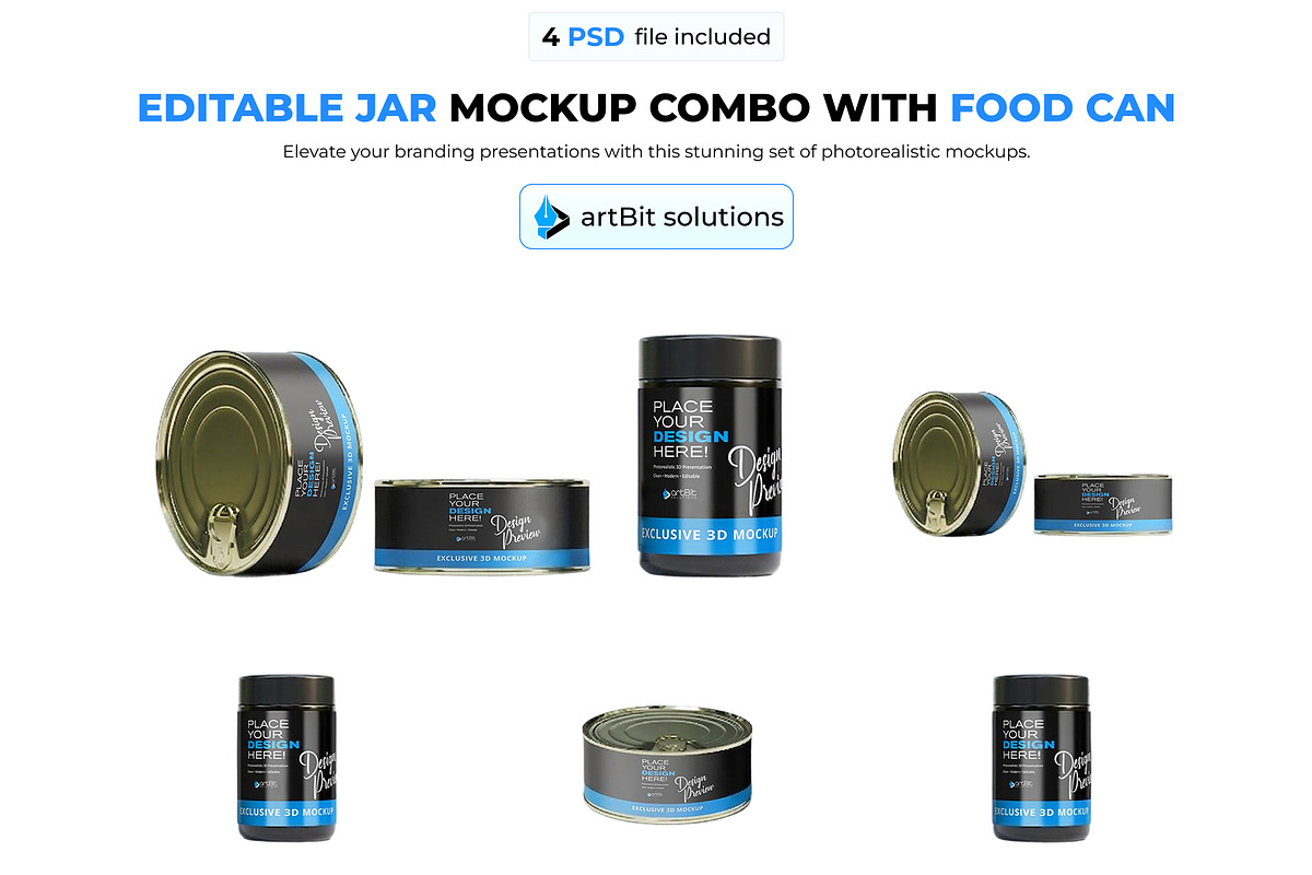 Plastic Jar & Food Can Combo, a Packaging Mockup by artBit Design Studio (Photo 1 of 4)
