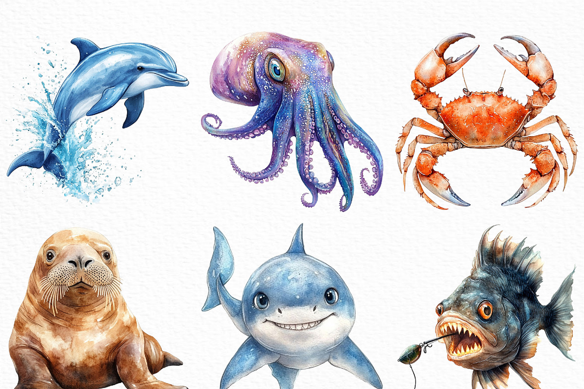 Watercolor Ocean Animals Clipart, an Illustration by Craft Nest (Photo 4 of 6)