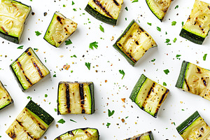Grilled zucchini pieces on white background, a Food & Drink Photo by AlyaAnd