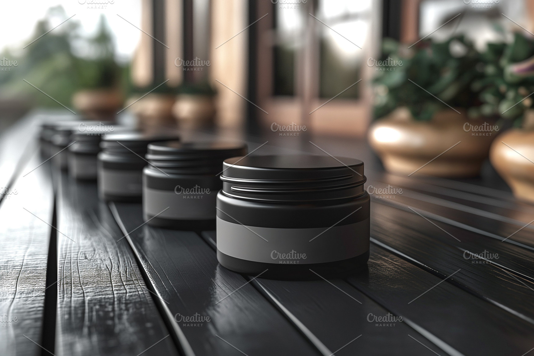 Aesthetic arrangement of sleek black skincare jars on a wooden t, a Background Photo by ImageMir